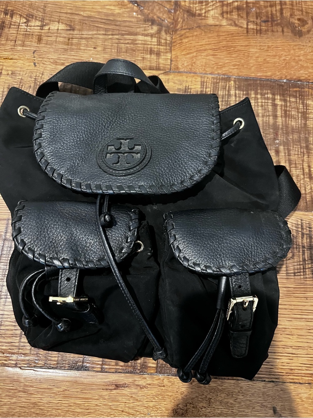 Tory Burch Black Nylon Backpack with Leather Trim